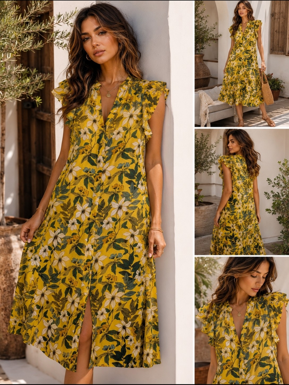 Calvin Klein Yellow Floral Midi Dress Size 2 Ruffle Sleeve Button Front Spring